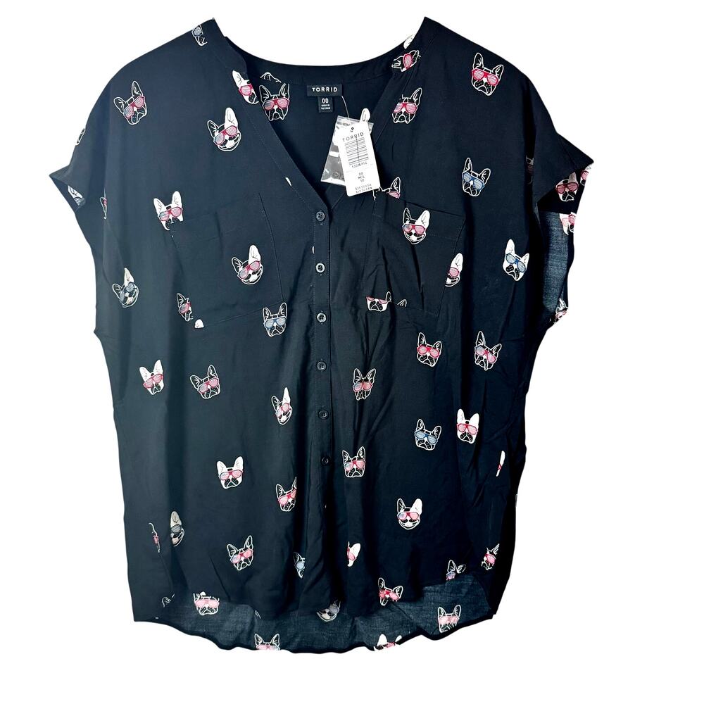 Torrid Button Up Shirt Womens M/L Boxer Print Short Sleeve Lightweight Black Top